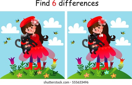 Find differences, game for children (little girl with her cat)