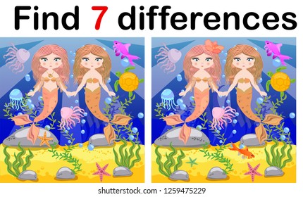 Find differences, game for children, mermaid underwater in cartoon style, education game for kids, preschool worksheet activity, task for the development of logical thinking.