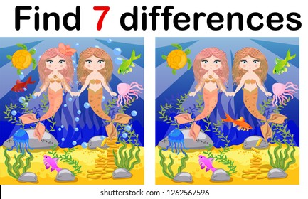 Find differences, game for children, mermaid underwater in cartoon style, education game for kids, preschool worksheet activity, task for the development of logical thinking.
