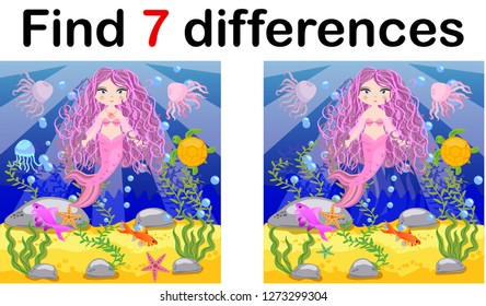 Find differences, game for children, mermaid underwater in cartoon style, education game for kids, preschool worksheet activity, task for the development of logical thinking
