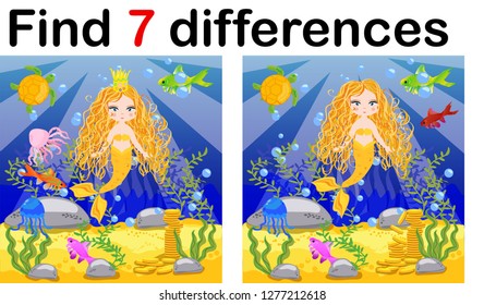 Find differences, game for children, mermaid underwater in cartoon style, education game for kids, preschool worksheet activity, task for the development of logical thinking