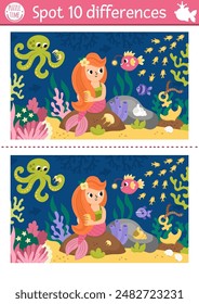 Find differences game for children. Mermaid educational activity with sea princess combing hare, underwater scene. Cute puzzle for kids. Printable worksheet or page for logic and attention skills
