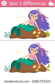 Find differences game for children. Mermaid educational activity with sea princess on the shore with seashells. Cute puzzle for kids with girl tail. Printable worksheet, page for logic, attention