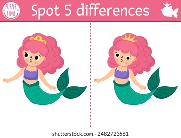 Find differences game for children. Mermaid educational activity with sea princess. Cute puzzle for kids with funny girl with tail. Printable worksheet or page for logic and attention skills
