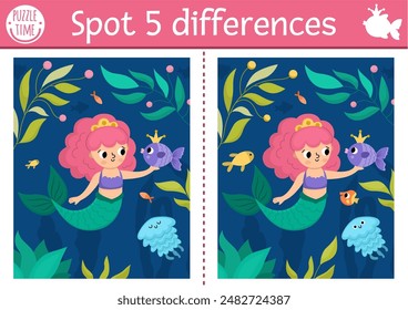 Find differences game for children. Mermaid educational activity with sea princess, underwater landscape, jellyfish. Cute puzzle for kids. Printable worksheet or page for logic and attention skills
