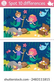 Find differences game for children. Mermaid educational activity with sea princess, merman, treasure chest. Cute puzzle for kids. Printable worksheet or page for logic and attention skills
