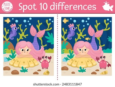 Find differences game for children. Mermaid educational activity with sea princess, underwater landscape, crab. Cute puzzle for kids. Printable worksheet or page for logic and attention skills
