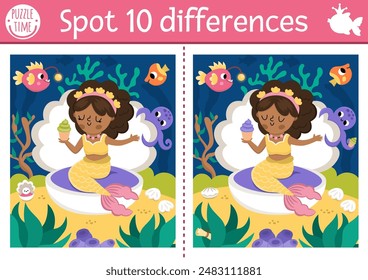 Find differences game for children. Mermaid educational activity with sea princess with cupcake in seashell. Cute puzzle for kids. Printable worksheet or page for logic and attention skills
