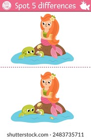 Find differences game for children. Mermaid educational activity with sea princess combing her hair. Cute puzzle for kids with girl, tail. Printable worksheet or page for logic and attention skills
