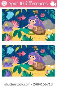 Find differences game for children. Mermaid educational activity with sea princess with tortoise, underwater scene. Cute puzzle for kids. Printable worksheet or page for logic and attention skills
