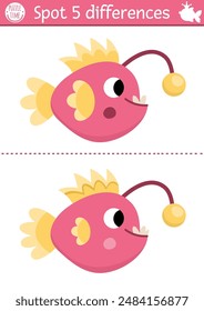 Find differences game for children. Mermaid educational activity with angler fish. Cute puzzle for kids with funny animal. Printable worksheet or page for logic and attention skills
