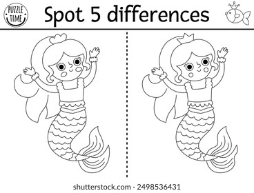 Encuentra diferencias juego para niños. Sirena en blanco y negro actividad educativa con princesa del mar. Puzzle para niños con niña con cola. Hoja de trabajo de línea imprimible o página para colorear para habilidades de atención