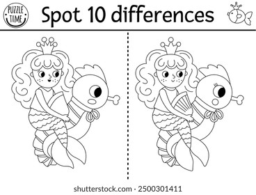 Find differences game for children. Mermaid black and white educational activity with sea princess riding seahorse. Puzzle for kids with girl with tail. Printable line worksheet or coloring page