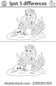 Find differences game for children. Mermaid black and white educational activity with sea princess combing hair. Puzzle for kids with girl, tail. Printable line worksheet or coloring page