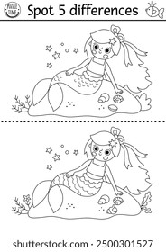 Find differences game for children. Mermaid black and white activity with sea princess on shore with seashells. Puzzle for kids with girl tail. Printable line worksheet, coloring page for attention