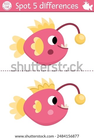 Find differences game for children. Mermaid educational activity with angler fish. Cute puzzle for kids with funny animal. Printable worksheet or page for logic and attention skills
