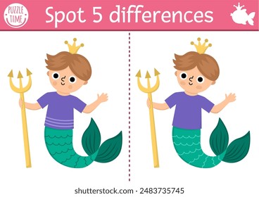 Find differences game for children with merman, trident, crown. Mermaid educational activity with sea prince, boy, tail. Cute puzzle for kids. Printable worksheet or page for logic and attention