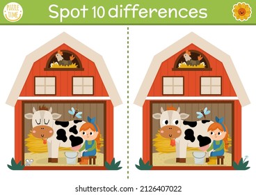 Find differences game for children. On the farm educational activity with cute barn house, girl milking cow. Farm puzzle for kids with rural farm shed. Village printable worksheet or page
