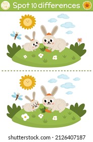 Find differences game for children. On the farm educational activity with cute rabbit and baby. Farm puzzle for kids with farm animals and rural landscape. Village printable worksheet or page

