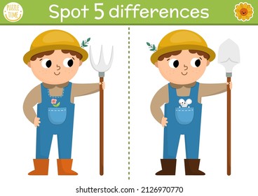 Find differences game for children. On the farm educational activity with cute farmer. Farm puzzle for kids with funny boy character. Rural village printable worksheet or page
