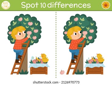 Find differences game for children. On the farm educational activity with cute farmer. Farm puzzle for kids with funny boy picking apples from the tree in the garden. Printable worksheet or page
