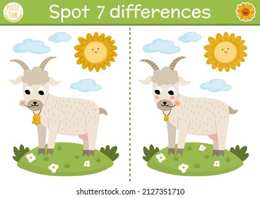 Find differences game for children. On the farm educational activity with cute goat on a meadow. Farm puzzle for kids with farm animal and rural landscape. Village printable worksheet or page
