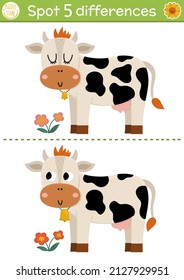 Find differences game for children. On the farm educational activity with cute cow. Farm puzzle for kids with farm animal. Rural village printable worksheet or page
