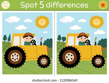 Find differences game for children. On the farm educational activity with cute farmer on tractor. Farm puzzle for kids with countryside landscape. Rural village printable worksheet or page
