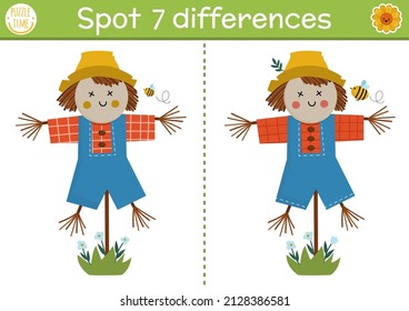 Find differences game for children. On the farm educational activity with cute scarecrow. Farm puzzle for kids with funny boy character. Rural village printable worksheet or page
