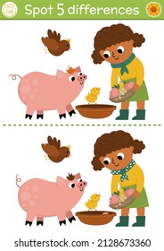 Find differences game for children. On the farm educational activity with cute farmer girl feeding pig. Farm puzzle for kids with funny character. Rural village printable worksheet or page
