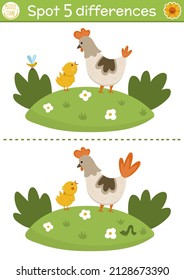 Find differences game for children. On the farm educational activity with cute hen and chicken. Farm puzzle for kids with farm birds and rural landscape. Village printable worksheet or page
