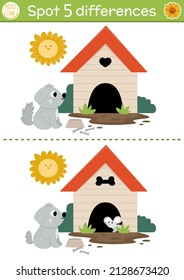 Find differences game for children. On the farm educational activity with cute dog and kennel. Farm puzzle for kids with farm animal, doghouse. Village printable worksheet or page with pet
