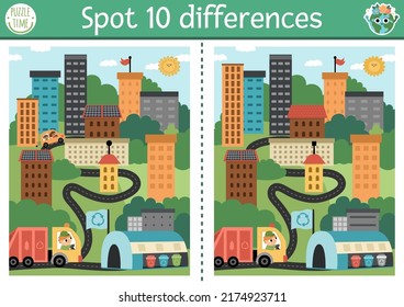 Find differences game for children with opposites. Ecological educational activity with cute eco city. Earth day puzzle for kids. Eco awareness or zero waste printable worksheet, page
