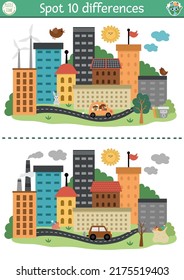 Find differences game for children with opposites. Ecological educational activity with cute eco and polluted city versions. Earth day puzzle for kids. Eco awareness printable worksheet, page
