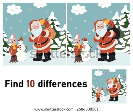 Find differences, game for children Santa Claus. The picture is of a winter scene. Vector education game for children