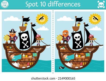 Find differences game for children. Sea adventures educational activity with cute pirate ship interior, cabin and hold. Puzzle for kids with funny scene. Marine printable worksheet or page
