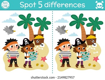 Find differences game for children. Sea adventures educational activity with cute pirates and treasure island. Puzzle for kids with funny characters. Marine printable worksheet or page
