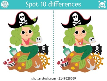 Find differences game for children. Sea adventures educational activity with cute pirate mermaid. Treasure island or Halloween puzzle for kids with funny character. Printable worksheet
