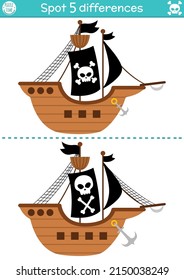 Find differences game for children. Sea adventures educational activity with cute pirate ship. Treasure island puzzle for kids with funny buccaneer boat with black sails. Printable worksheet
