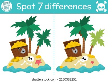 Find differences game for children. Sea adventures educational activity with cute treasure island and chest. Tropical puzzle for kids with funny scene. Marine printable worksheet or page
