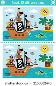 Find differences game for children. Sea adventures educational activity with cute pirate ship and treasure island. Puzzle for kids with funny scene. Marine printable worksheet or page
