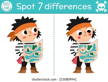 Find Differences Game For Children. Sea Adventures Educational Activity With Cute Pirate Boy With Map. Puzzle For Kids With Funny Character. Marine Printable Worksheet Or Page
