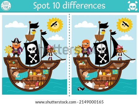 Find differences game for children. Sea adventures educational activity with cute pirate ship interior, cabin and hold. Puzzle for kids with funny scene. Marine printable worksheet or page
