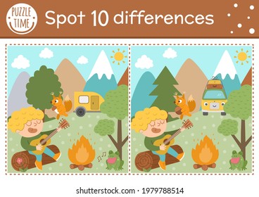 Find differences game for children. Summer camp educational activity with kid playing the guitar. Printable worksheet with cute camping or forest scenery. Woodland preschool sheet

