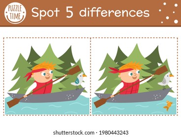 Find differences game for children. Summer camp educational activity with kid swimming in the boat. Printable worksheet with cute camping or forest scenery. Woodland preschool sheet
