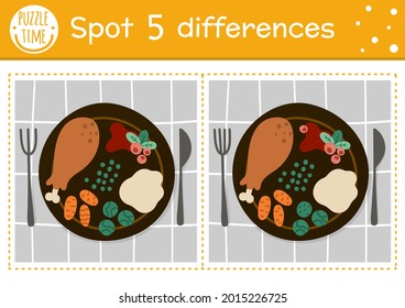 Find differences game for children. Thanksgiving educational activity with traditional food on a plate. Printable worksheet with holiday meal. Autumn holiday puzzle for kids. Fall preschool sheet

