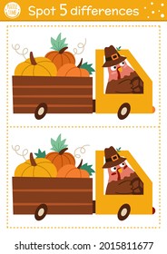 Find differences game for children. Thanksgiving educational activity with funny turkey driving a van with pumpkins. Printable worksheet. Autumn holiday puzzle for kids. Fall preschool sheet
