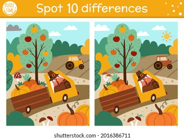 Find differences game for children. Thanksgiving educational activity with farm scene, turkey driving a van with pumpkins. Printable worksheet. Autumn holiday puzzle for kids. Fall preschool sheet
