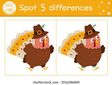 Find differences game for children. Thanksgiving educational activity with funny turkey. Printable worksheet with cute bird. Autumn holiday puzzle for kids. Fall preschool sheet
