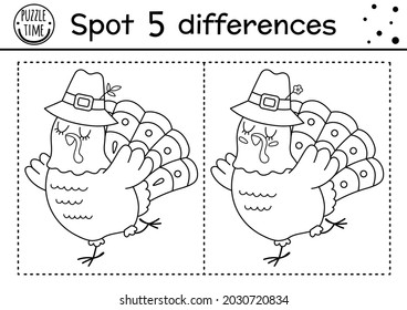 Find differences game for children. Thanksgiving black and white educational activity with funny turkey. Printable line worksheet. Autumn holiday puzzle for kids. Fall preschool coloring page
